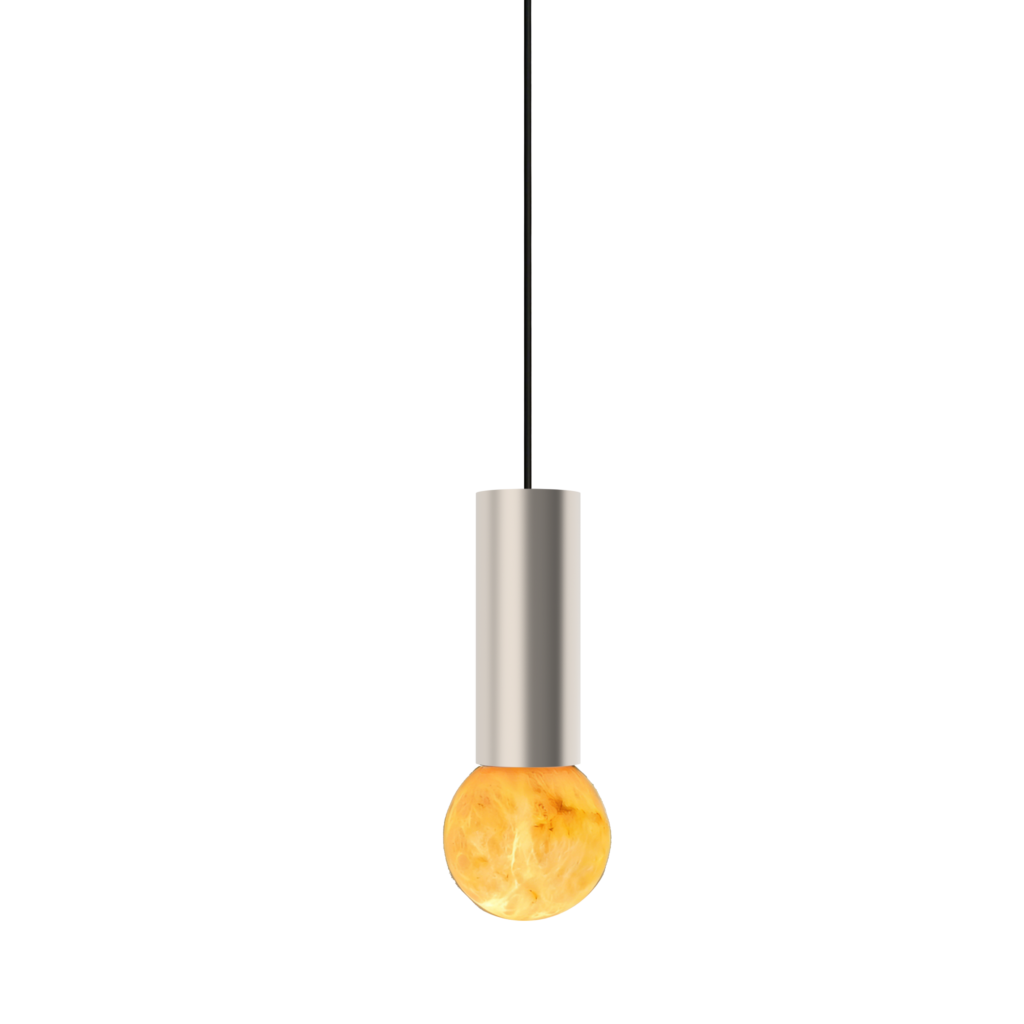 Suspended modern pendant lamp with a slim dark rod and an orange marbled glass bulb below a metallic canopy against a black background.