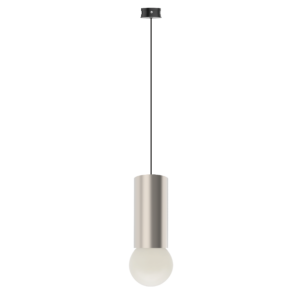 Modern pendant light with a long black cord, black canopy, and a white spherical glass shade.