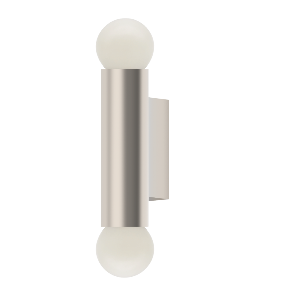 White globe street lamp mounted on a tall metallic pole against a black background.