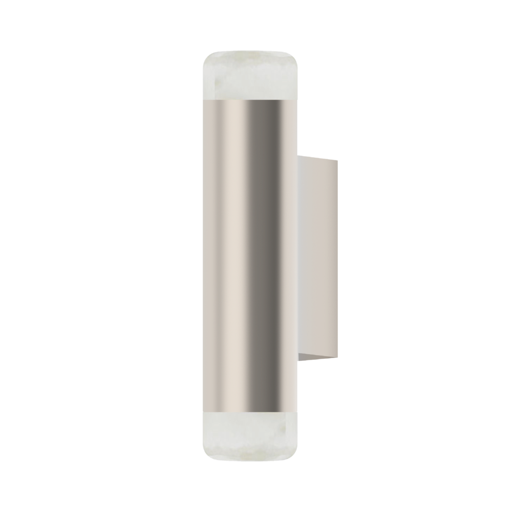 Tall vertical metal post with rounded white cap at the top and bottom, set against a black background.