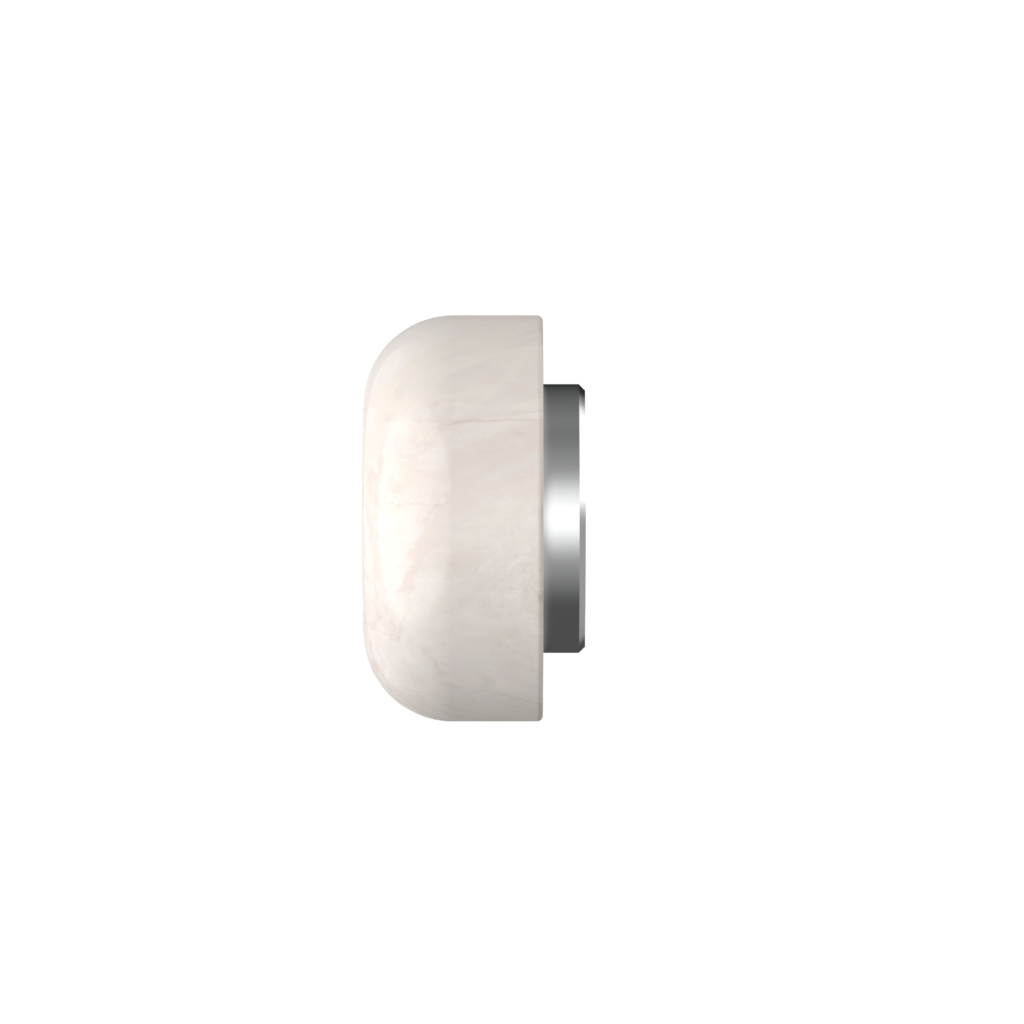 Partial side view of a white marble-textured lamp with a curved shade and gray base against a black background
