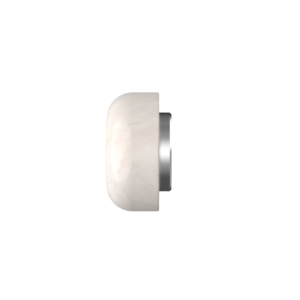 Partial side view of a white marble-textured lamp with a curved shade and gray base against a black background