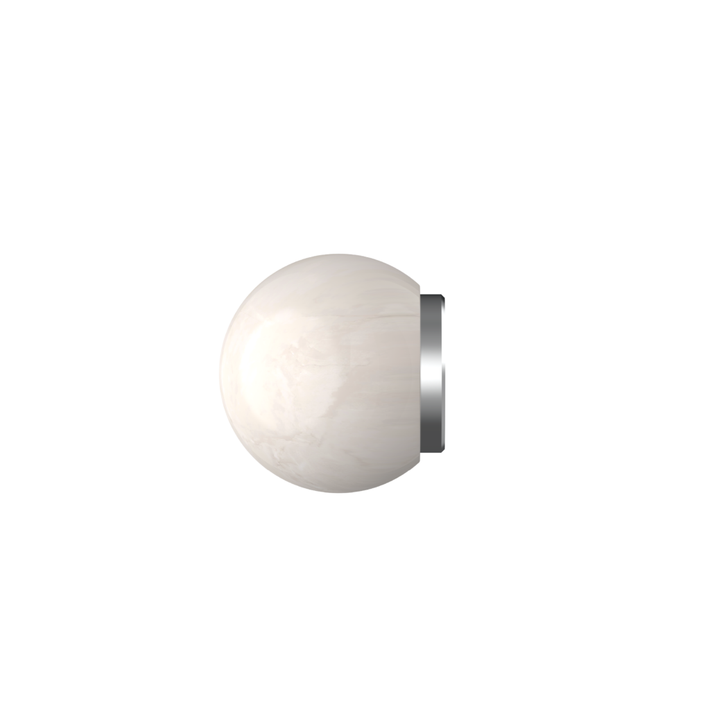 Close-up of a white marble globe pendant light with a metallic band around its edge