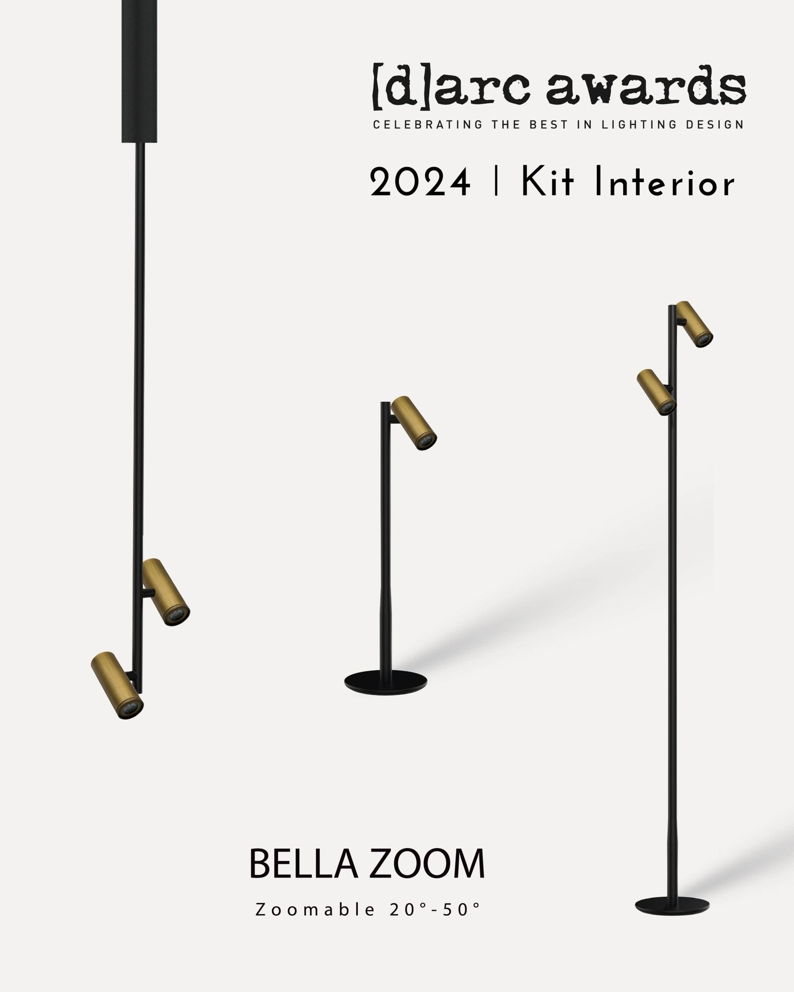 Advertising banner featuring multiple black floor lamps with gold adjustable heads on a pale background, promoting Bella Zoom lighting fixture.