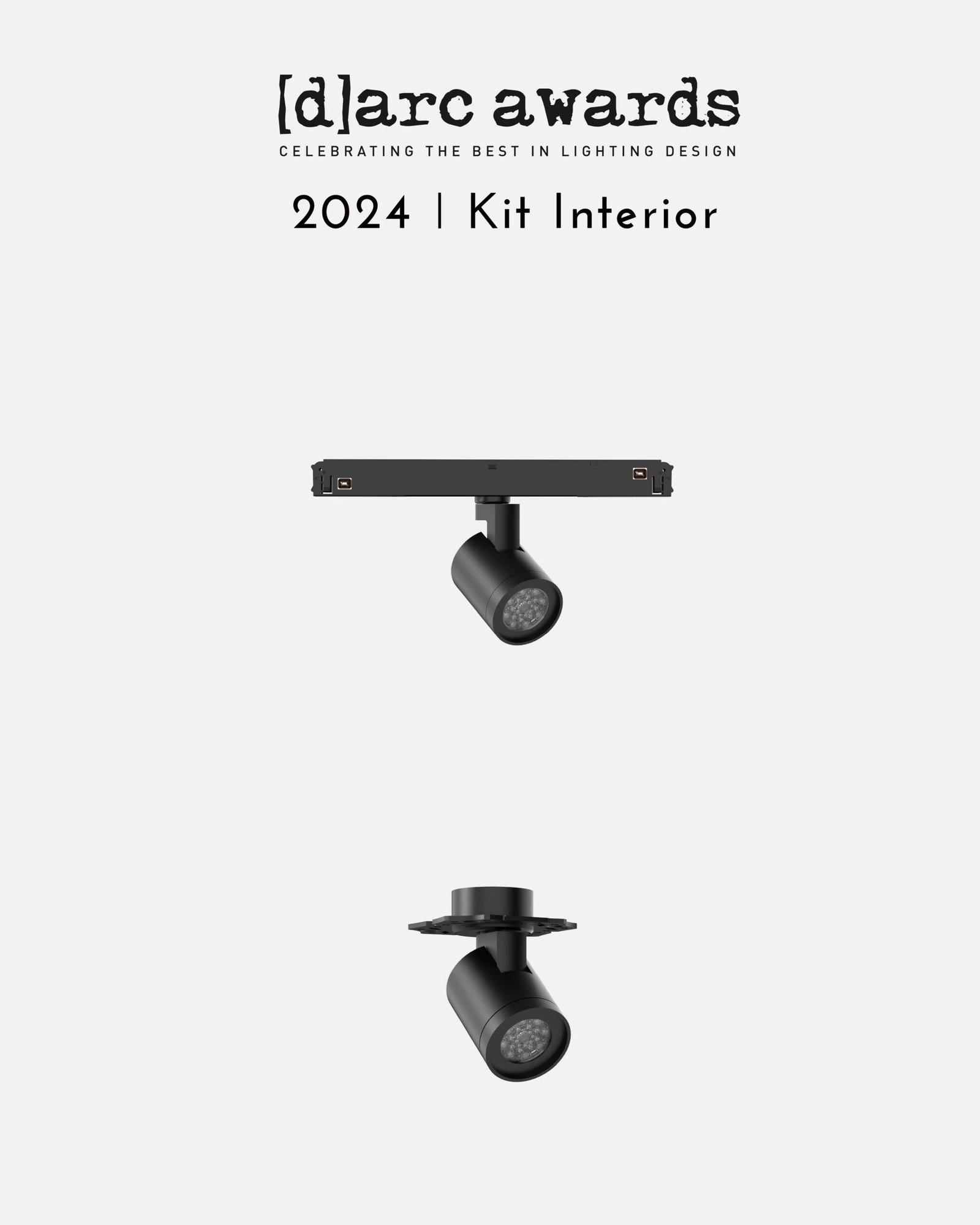 ARC Awards 2024 Kit Interior: track lighting fixture with a horizontal track and adjustable spotlight on a light background