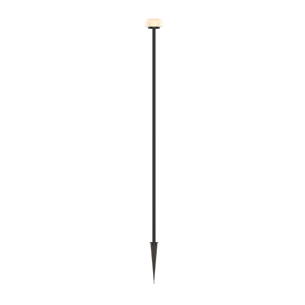 Tall garden stake light with a beige rounded lamp head and dark metal pole against a black background, upright in the center.
