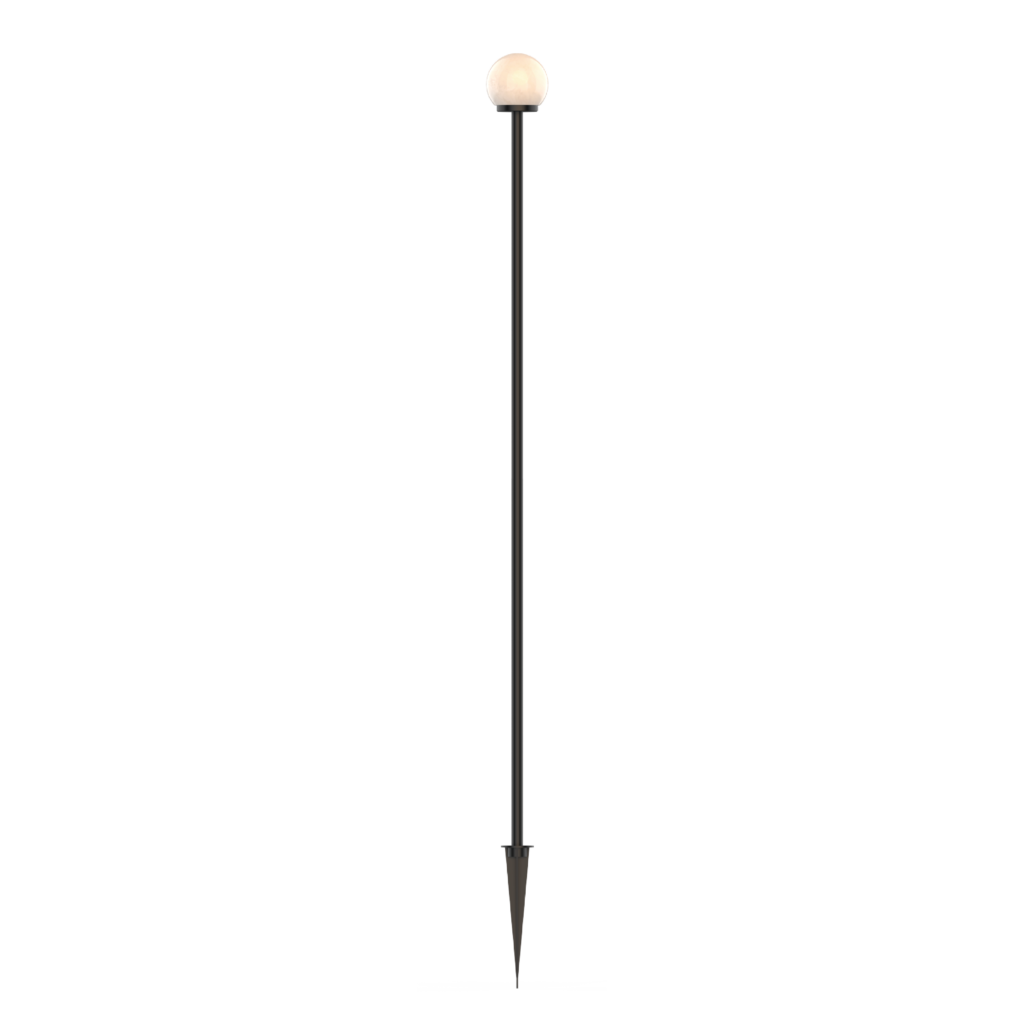 Tall black street lamp with a white globe on top, standing upright against a dark background
