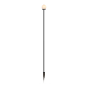 Tall black street lamp with a white globe on top, standing upright against a dark background