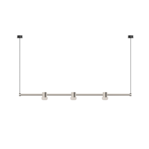 STPL-01 | DuraGreen Two vertical light poles rise from a silver ceiling-mounted track with three small rectangular fixtures, set against a black background.