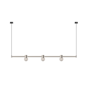 Horizontal metal track lighting along the bottom with four white globe bulbs against a black background.