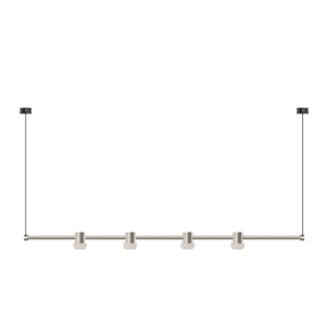 STPL-04 | DuraGreen A metallic ceiling track lighting system along the bottom edge with four downward-facing light fixtures against a black background, viewed from below.