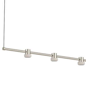 Suspended metallic track lighting with a long horizontal bar and three cylindrical spotlights, mounting from a vertical cable to the ceiling.