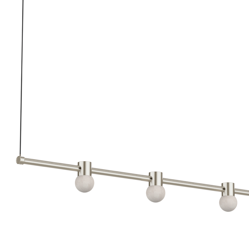 Silver ceiling track light fixture with frosted globe bulbs and a left-side suspension cable, four bulbs along a horizontal bar