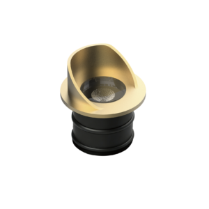 UL32-01 | DuraGreen Gold metallic horn with a wide, curved bell resting on a black stand against a black background