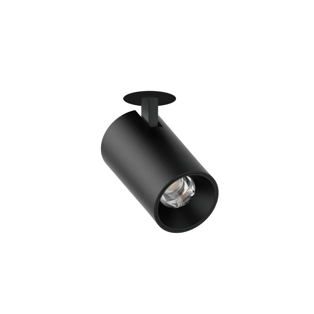 Matte black ceiling spotlight with an adjustable arm, angled downward against a dark background