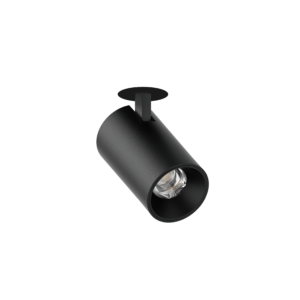Matte black ceiling spotlight with an adjustable arm, angled downward against a dark background