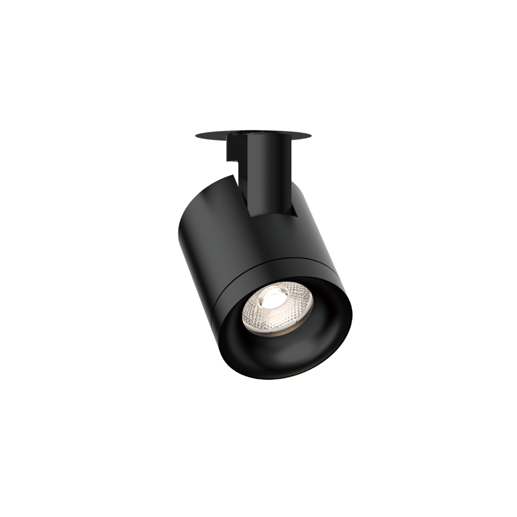 Close-up of a black cylindrical stage light with a circular top plate against a black background, viewed from below.