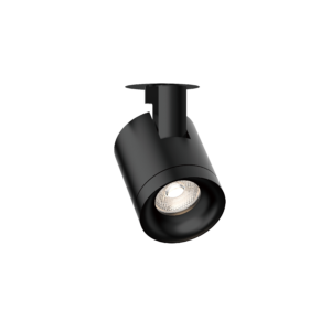 41 PRO | DuraGreen Close-up of a black cylindrical stage light with a circular top plate against a black background, viewed from below.