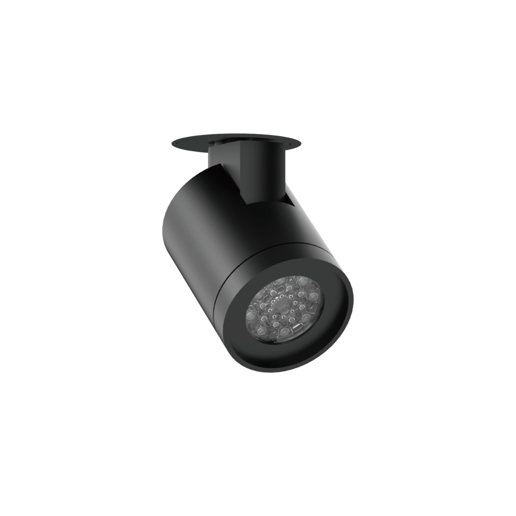 Black cylindrical ceiling spotlight with an LED lens, shown against a black background.