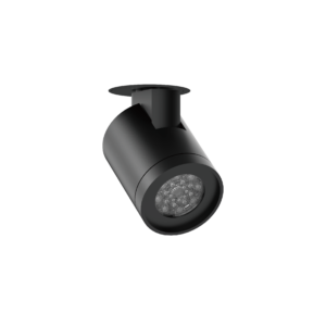 Black cylindrical ceiling spotlight with an LED lens, shown against a black background.