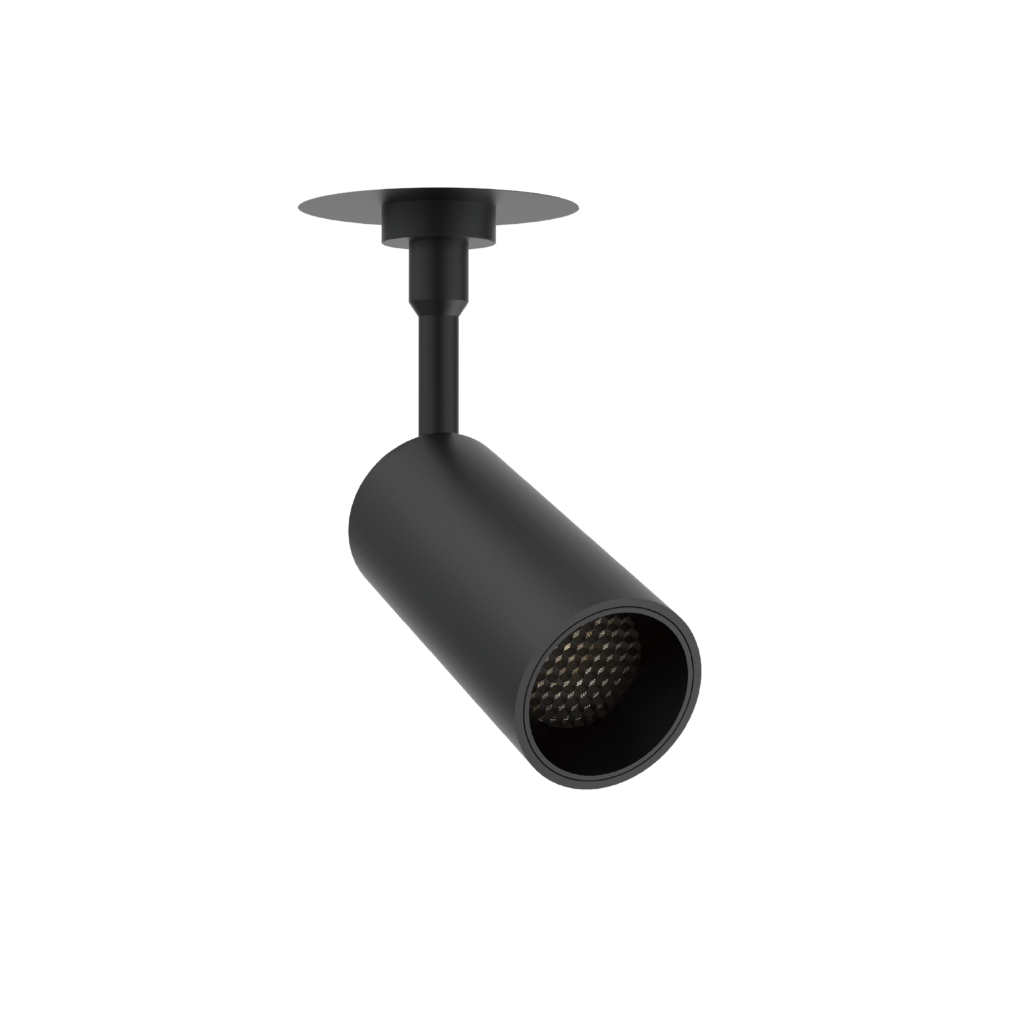 Close-up of a matte black adjustable track light with a cylindrical joint and round shade on a black background.