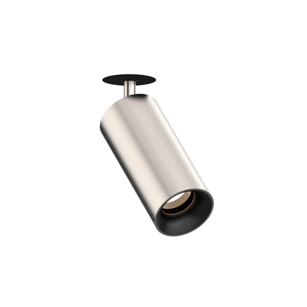 Close-up of a modern pendant light: a silver cylindrical stem with a curved metallic shade against a black background.