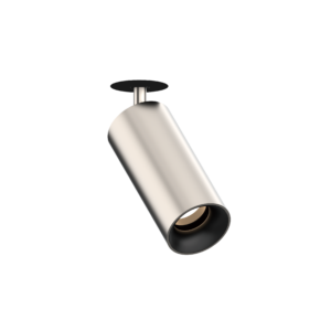 Close-up of a modern pendant light: a silver cylindrical stem with a curved metallic shade against a black background.