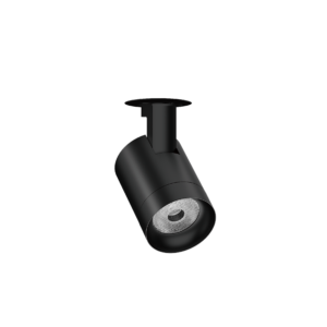 Close-up of a black adjustable stage spotlight against a dark background, showing the mount and lens area.