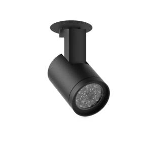 Close-up of a matte black adjustable spotlight with a round LED lens at the end.