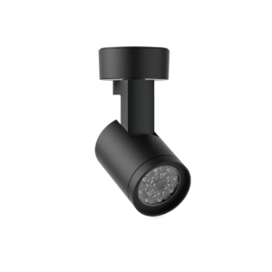 Close-up of a matte black track lighting spotlight mounted on a curved arm against a black background.