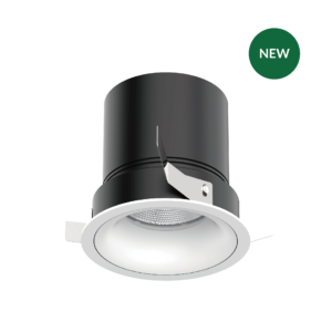 Cylindrical black spotlight with a white bottom ring, shown against a black background, and a green NEW badge in the upper right.