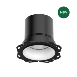 Close-up of a black cylindrical stage light with a metal mounting frame and a green NEW badge on the side.