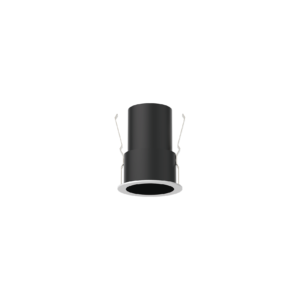 Close-up of a black cylindrical ceiling spotlight with metal mounting brackets against a dark background.