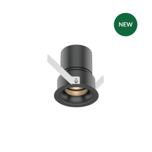 Close-up of a gray microphone mounted on a stand against a black background, with a green circular badge labeled NEW in the upper right corner.