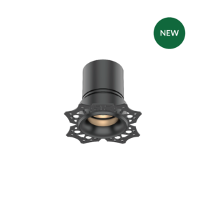 3D render of a gray cylindrical mechanical part with a perforated flange, seen from the front on a black background, with a green NEW badge nearby