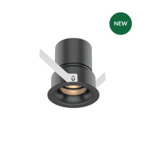 Metal cylindrical device with a curved front opening and white mounting brackets against a black background, featuring a green 'NEW' badge on the top right.