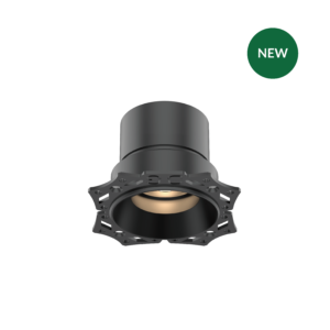 Close-up of a dark gray cylindrical mechanical part on a black background with a green circular NEW badge in the upper right.