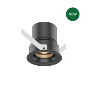 Close-up of a black cylindrical ceiling spotlight with white mounting arms and a green circular NEW badge in the corner.