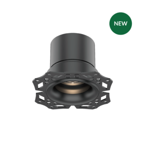 Close-up of a metal camera lens barrel with a green NEW badge in the top-right corner on a black background