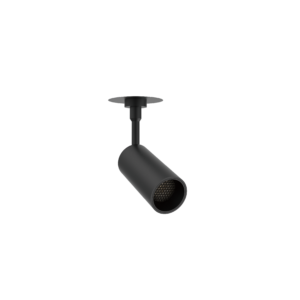 Black ceiling-mounted track light with an adjustable cylindrical head and a flat circular mount, set against a black background.