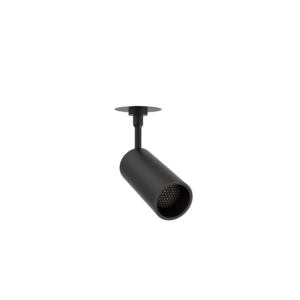 Black ceiling-mounted track light with a cylindrical adjustable head and round mounting plate, shown against a dark background