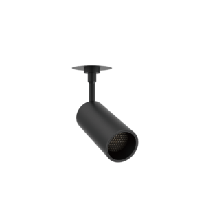 Black ceiling-mounted track light with a cylindrical spotlight and circular mounting plate