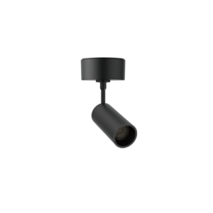 Black cylindrical track light with an adjustable spotlight hanging from a track against a black background, close-up view.