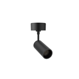 Black ceiling-mounted pendant track light with a cylindrical, adjustable spotlight head in matte black.