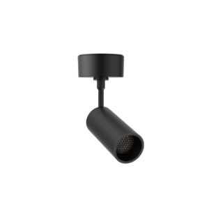 Black cylindrical ceiling track light fixture, spotlight directed downward on a rail system (modern matte finish)