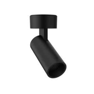 Close-up of a matte black cylindrical lamp head attached to an adjustable arm on a black background