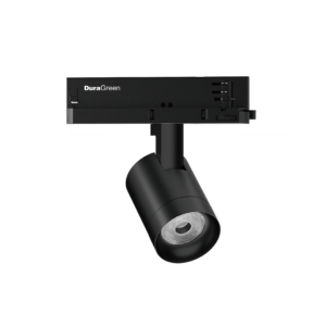 Close-up of a black industrial device with the DuraGreen branding mounted on a stand against a black background.