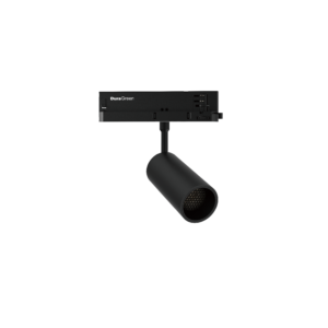 Black DuraGreen track light head mounted on a slim vertical stand, showing a cylindrical spotlight.