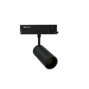 Black ceiling track-light fixture with an adjustable cylindrical spotlight and a DuraGreen logo on the housing against a black background.