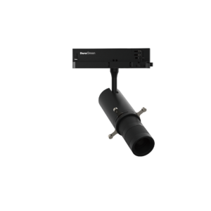 Side view of a DuraGreen device mounted on an adjustable stand with a clamping bracket.